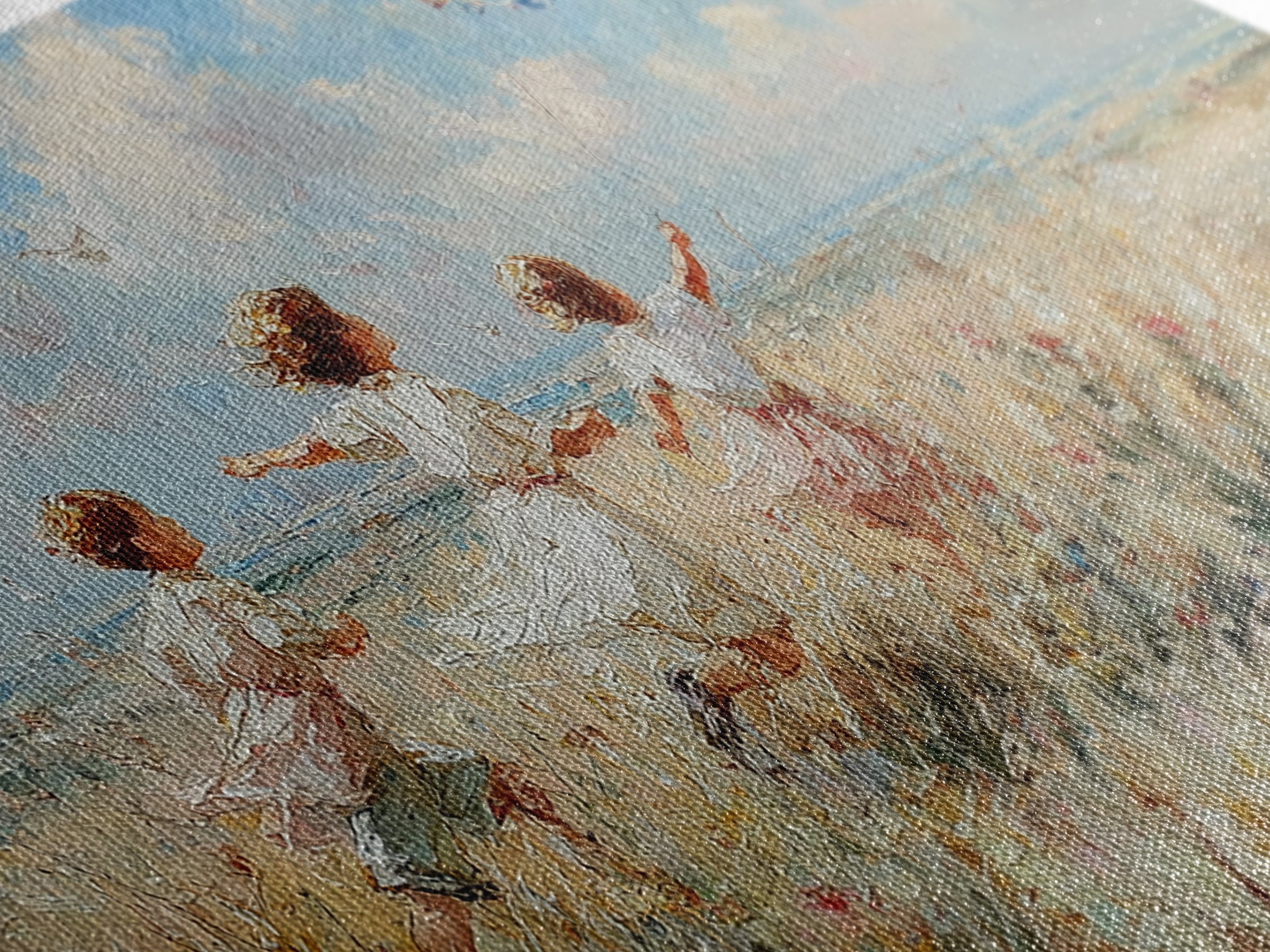 Children Running Through Meadow Canvas Print, Kite Flying Wall Art, Impressionist Landscape, Playroom Decor, Gift For Her