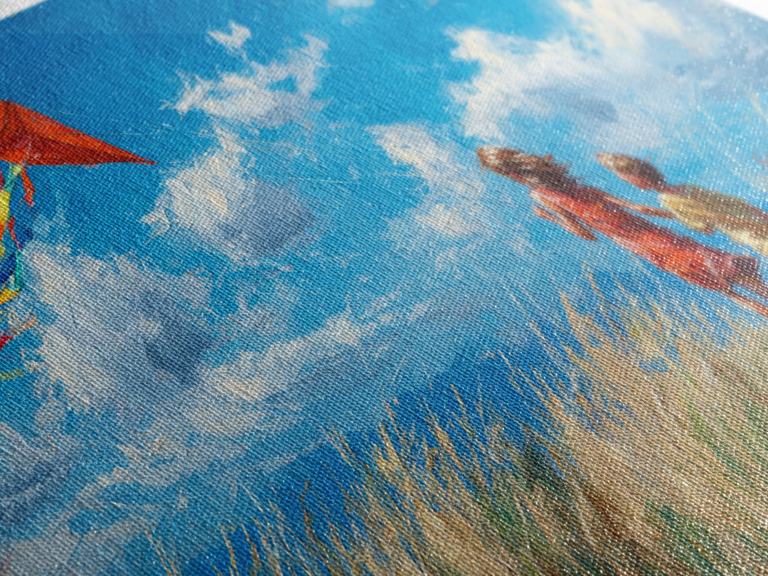 Two Children Flying Red Kite Canvas Print, Bright Blue Sky Wall Art, Summer Meadow Decor, Kids Room Art, Gift For Mom, Home Decor