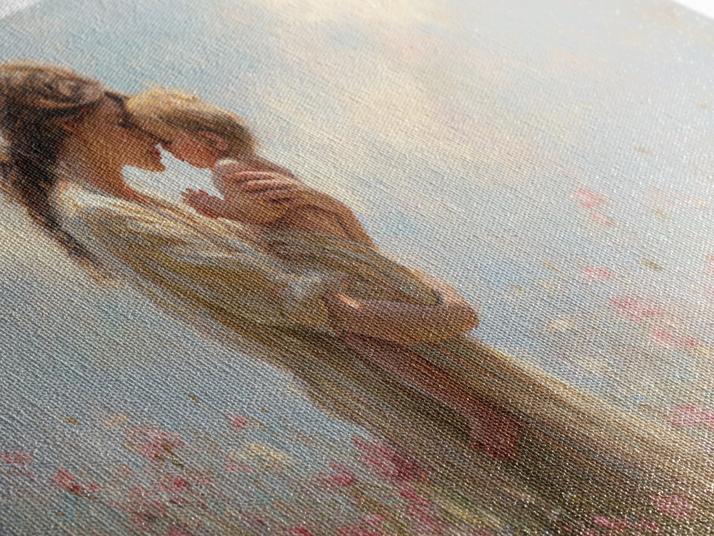 Mother Kissing Baby In Pastel Wildflower Meadow Canvas Print, Impressionist Nursery Wall Art, Motherhood Gift, Bedroom Decor