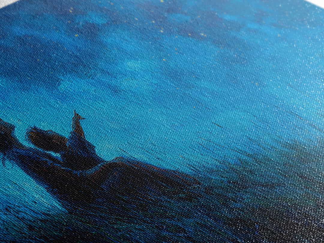 Mother And Child Beneath Deep Blue Starry Sky Wall Art, Celestial Landscape, Calming Bedroom Decor, Above Bed Print, Gift For Her