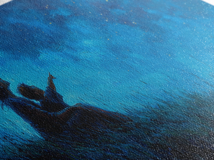 Mother And Child Beneath Deep Blue Starry Sky Wall Art, Celestial Landscape, Calming Bedroom Decor, Above Bed Print, Gift For Her