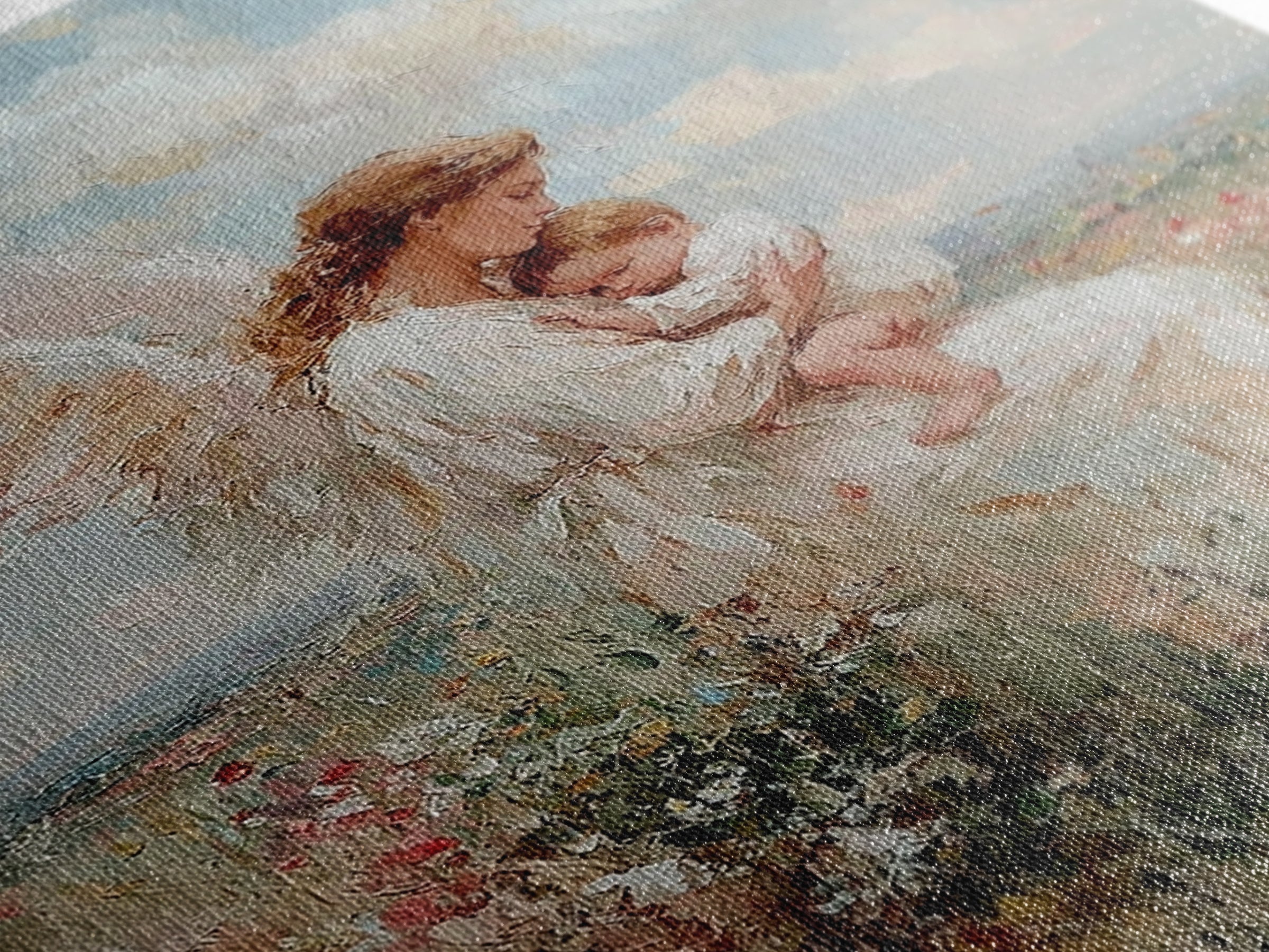 Angel Mother Cradling Baby In Wildflower Field Framed Canvas Print, Christian Wall Art, Nursery Decor, Spiritual Gift For Mom