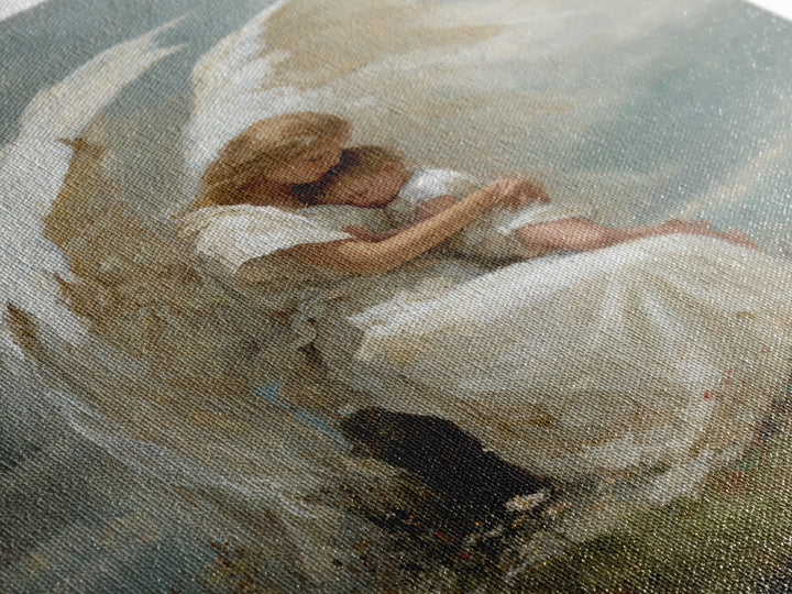 Winged Guardian Angel Embracing Baby Framed Canvas Print, Heavenly Christian Wall Art, Nursery Decor, Baptism Gift For Her