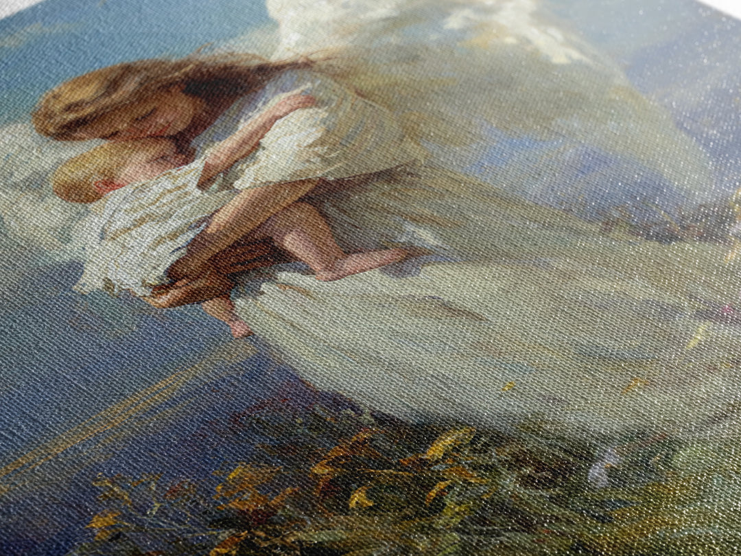 Angel Holding Sleeping Baby In Meadow Canvas Print, Serene Christian Wall Art, Nursery Decor, Guardian Angel Gift For Mom