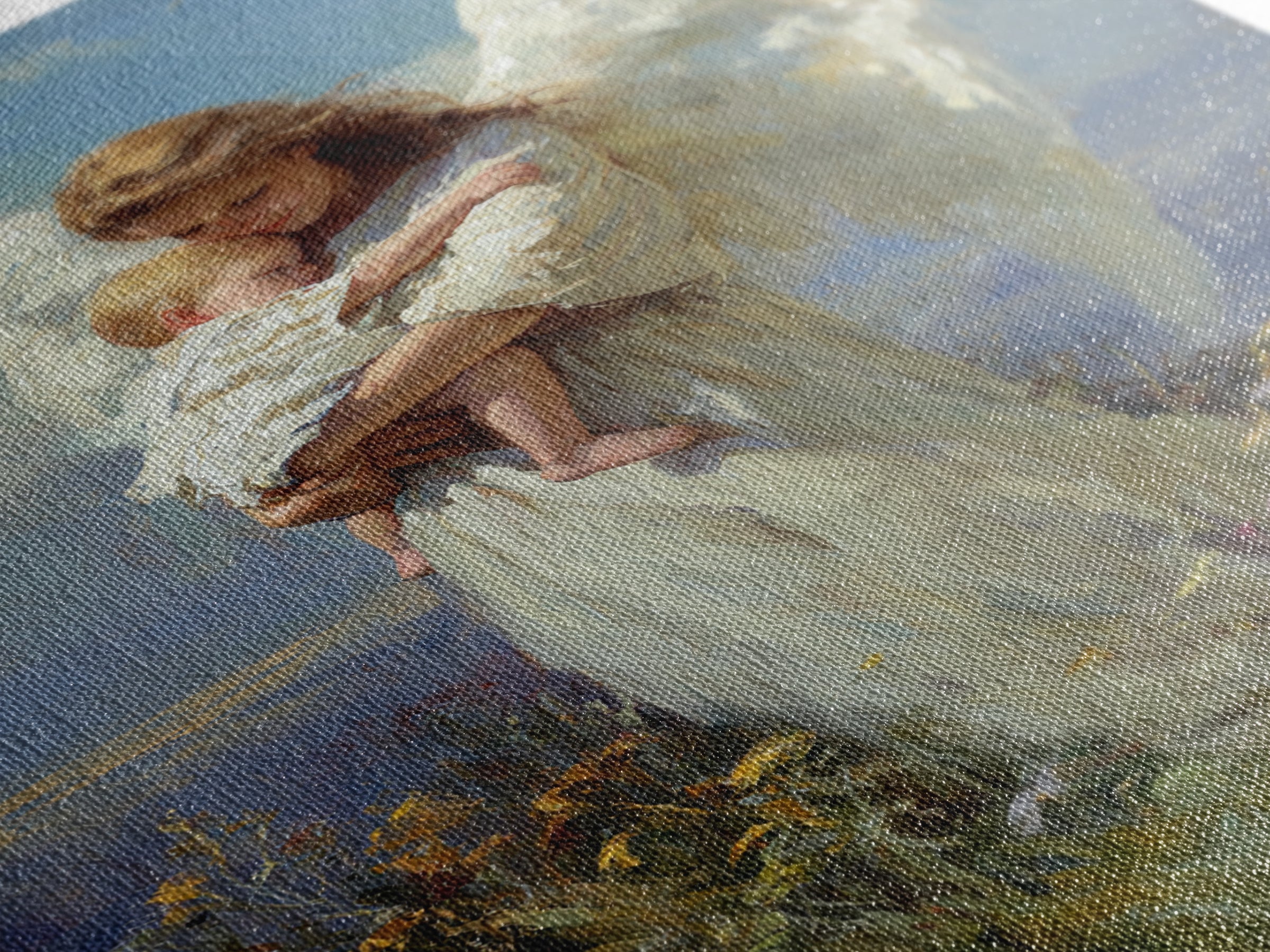 Angel Holding Sleeping Baby In Meadow Canvas Print, Serene Christian Wall Art, Nursery Decor, Guardian Angel Gift For Mom