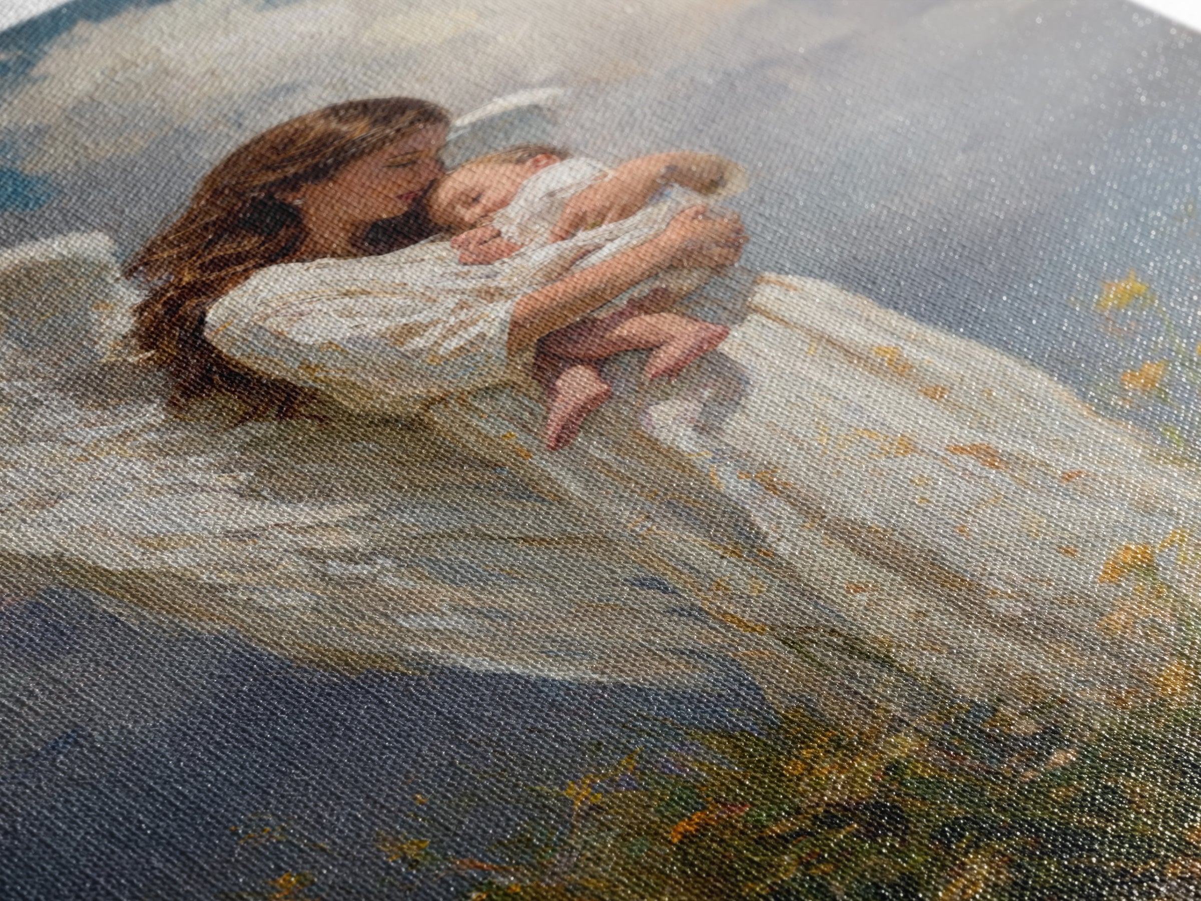 Guardian Angel Holding Newborn Under Clouds Wall Art, Christian Nursery Decor, Baptism Gift, Spiritual Framed Canvas Print