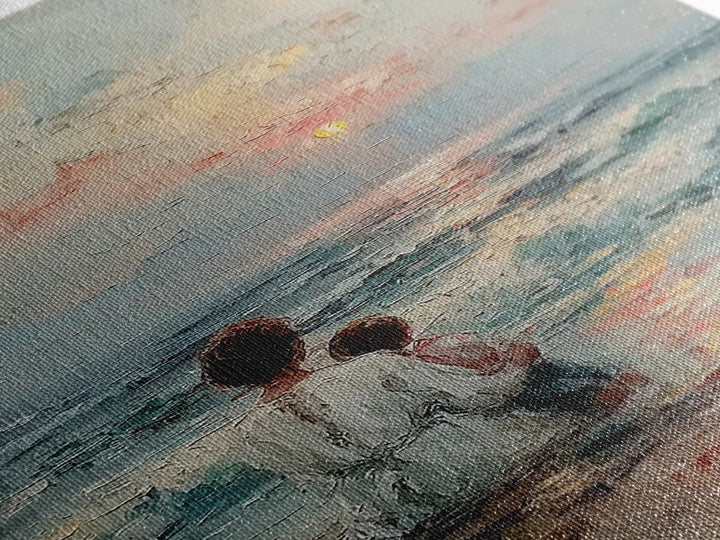 Mother And Child Watching Soft Ocean Sunrise Framed Canvas Print, Coastal Wall Art, Beach House Decor, Mothers Day Gift, Home Decor