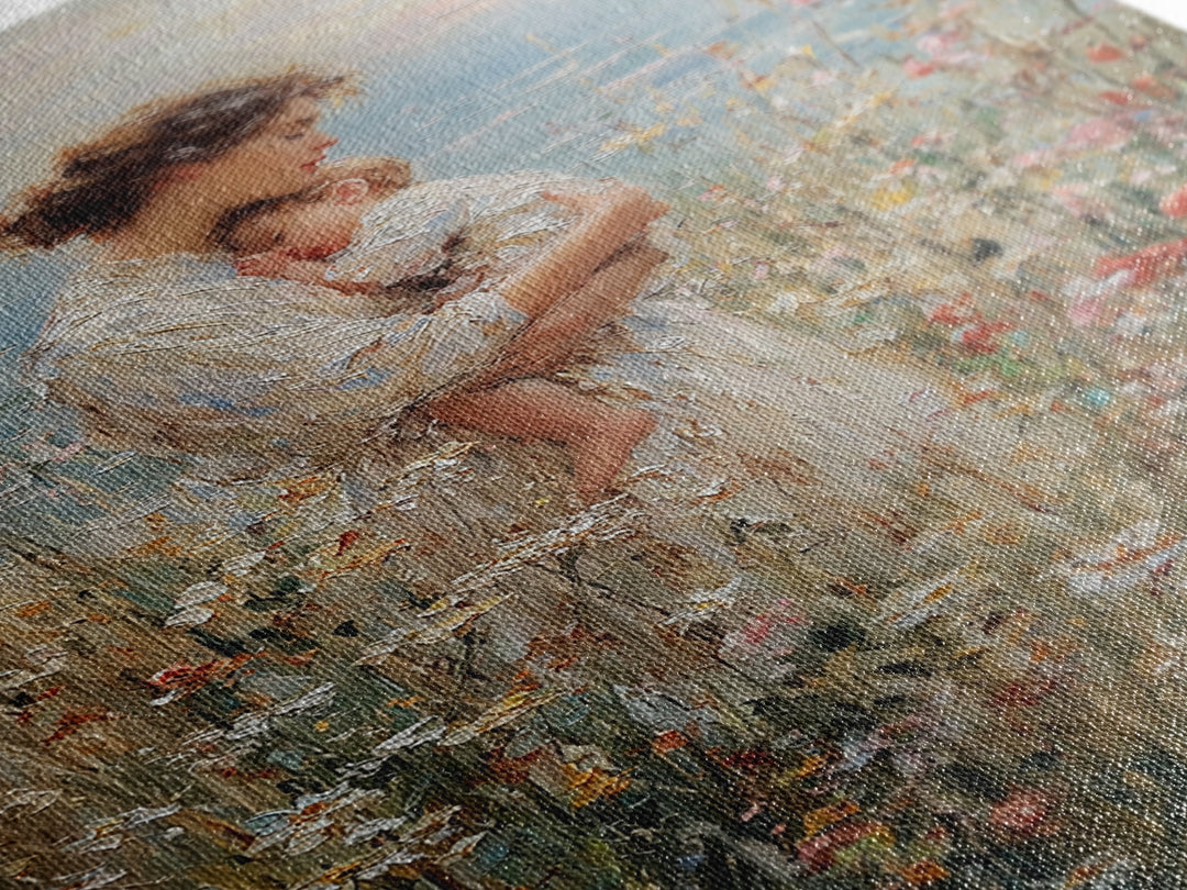 Tender Mother Holding Baby In Wildflower Meadow Wall Art, Impressionist Canvas Print For Nursery And Feminine Bedroom Decor