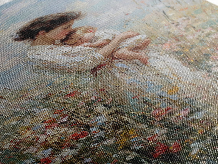 Mother And Baby In Blooming Meadow Framed Canvas Print, Soft Impressionist Wall Art For Nursery And Motherhood Home Decor