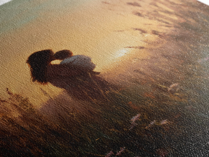 Golden Sunset Mother And Child Silhouette Canvas Print, Warm Meadow Wall Art For Nursery, Bedroom Decor, And Mothers Day Gift
