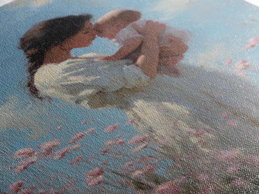 Mother And Baby Among Pink Wildflowers Wall Art, Soft Impressionist Canvas Print For Nursery Decor, Baby Shower Gift, Gift For Mom