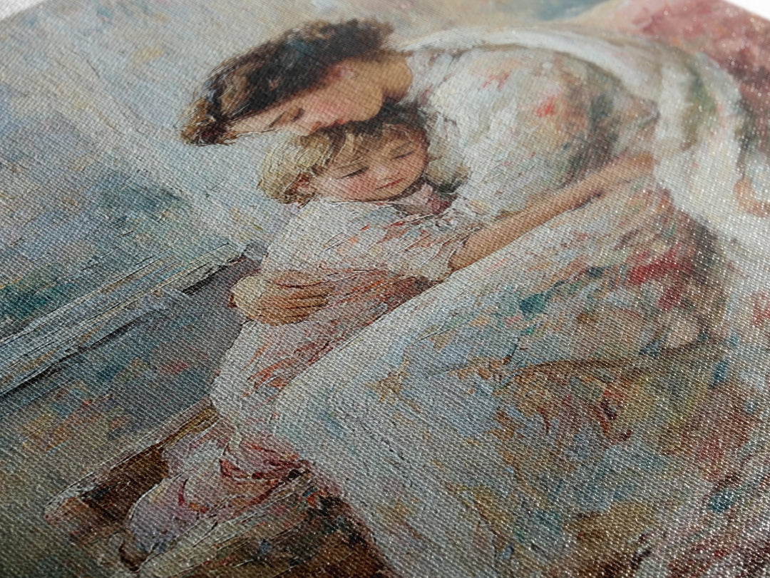 Mother And Child Resting On Floral Sofa Framed Canvas Print, Impressionist Wall Art For Living Room Decor And Gift For Mom