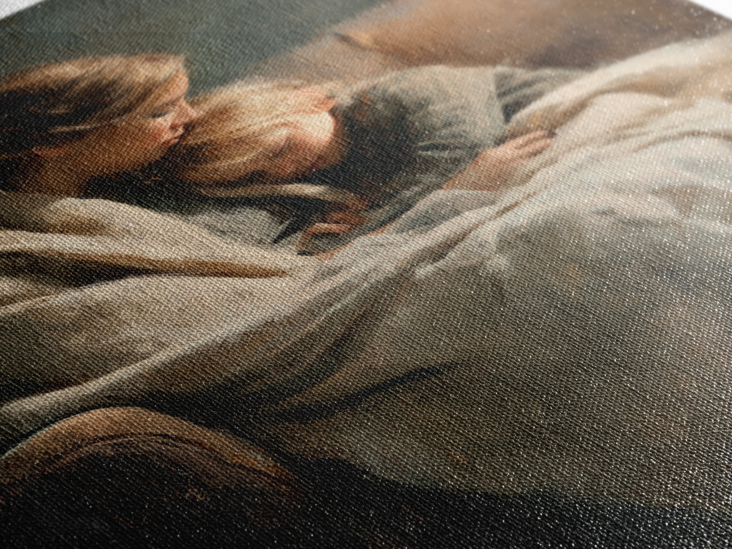 Moody Mother And Child Wrapped In Blanket Wall Art, Warm Impressionist Canvas Print For Bedroom Decor, Nursery, And Gift For Mom