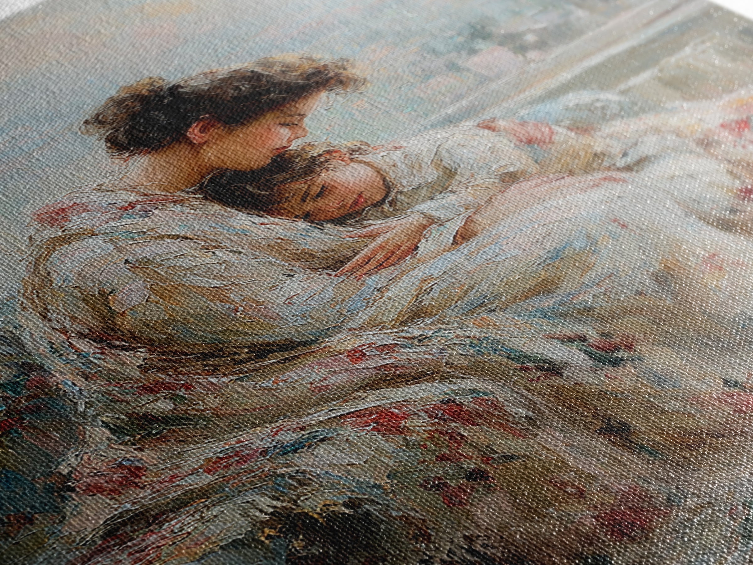 Mother And Child Cuddling By City Window Canvas Print, Soft Impressionist Wall Art For Bedroom Decor, Nursery, And Gift For Her