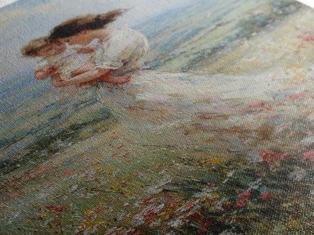 Mother Holding Baby In Windy Wildflower Valley Wall Art, Impressionist Landscape Painting, Feminine Nursery Decor, Gift For Mom