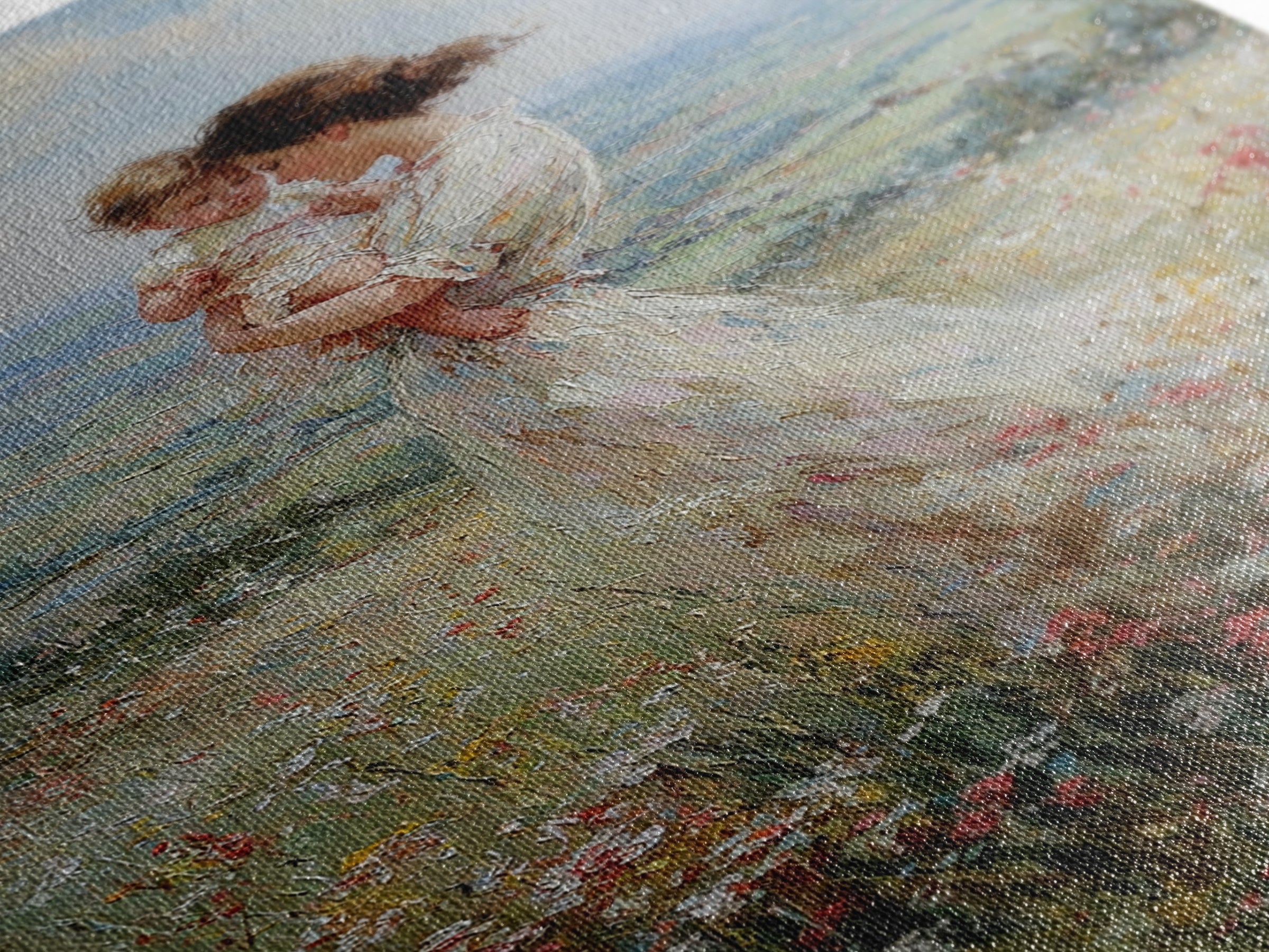 Mother Holding Baby In Windy Wildflower Valley Wall Art, Impressionist Landscape Painting, Feminine Nursery Decor, Gift For Mom