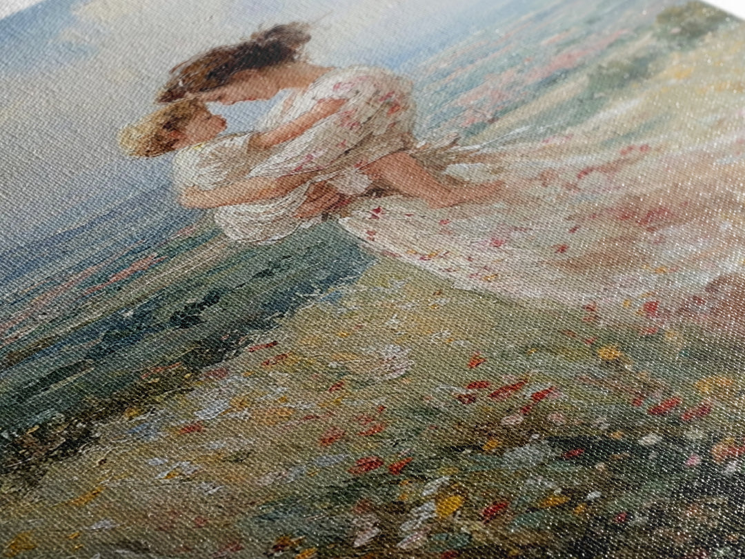 Mother And Toddler In Flower Meadow Wall Art, Impressionist Landscape Painting, Feminine Nursery Decor, Gift For Mom Art Print