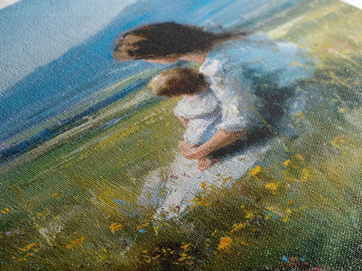 Mother And Child In Wildflower Meadow Canvas Print, Blue Mountain Landscape Wall Art, Nursery Decor, Mothers Day Gift, Home Decor