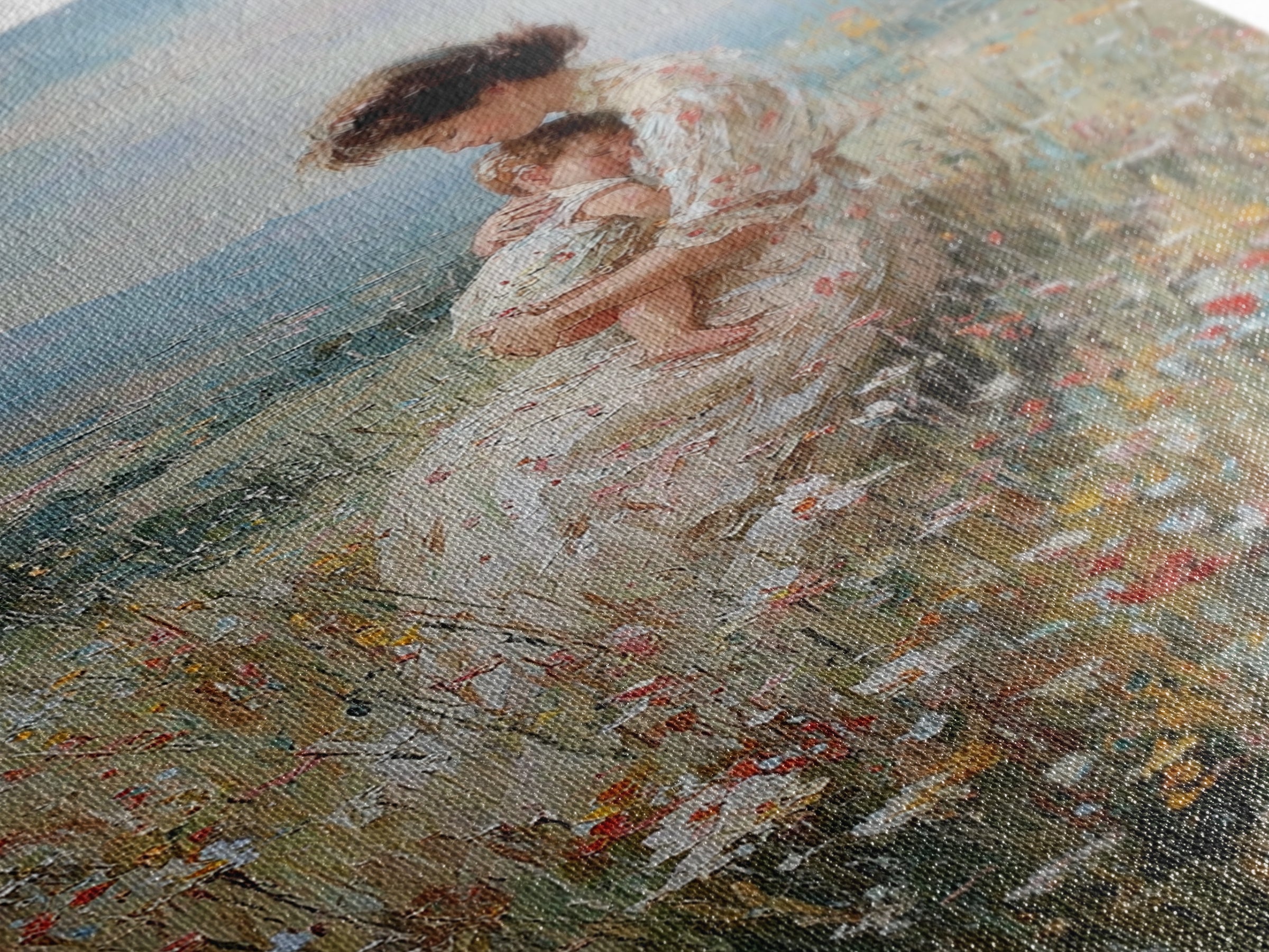 Nursing Mother And Baby In Floral Meadow Framed Canvas Print, Impressionist Landscape Wall Art, Nursery Decor, Gift For Her