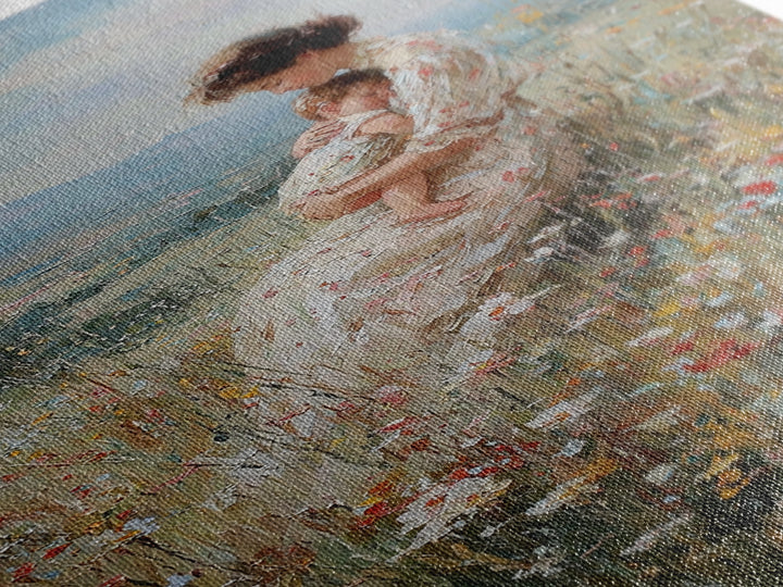 Nursing Mother And Baby In Floral Meadow Framed Canvas Print, Impressionist Landscape Wall Art, Nursery Decor, Gift For Her