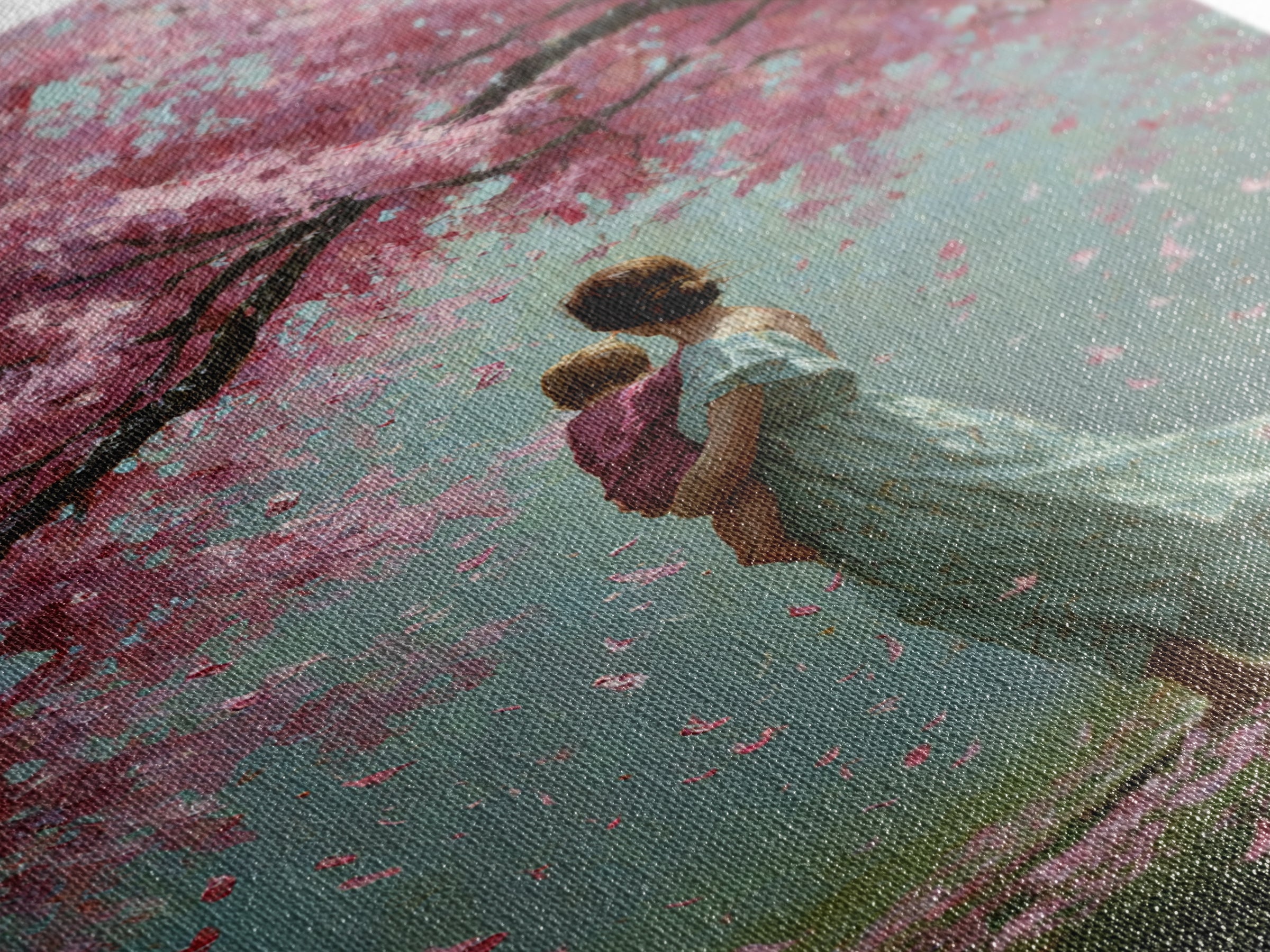 Mother And Child Beneath Cherry Blossom Canopy Canvas Print, Pink Floral Wall Art, Romantic Nursery Decor, Gift For Her, Home Decor