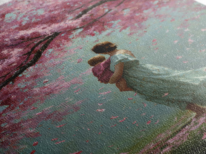 Mother And Child Beneath Cherry Blossom Canopy Canvas Print, Pink Floral Wall Art, Romantic Nursery Decor, Gift For Her, Home Decor