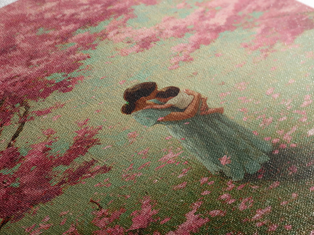 Mother Embracing Baby In Pink Blossom Garden Framed Canvas Print, Floral Wall Art, Feminine Nursery Decor, Mothers Day Gift