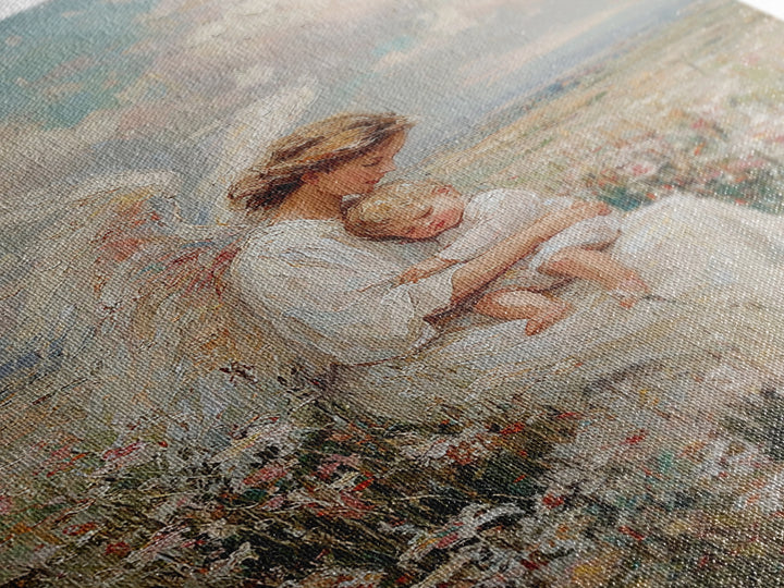 Angel Mother Holding Sleeping Child In Wildflower Meadow Framed Canvas Print, Christian Wall Art, Nursery Decor, Gift For Her