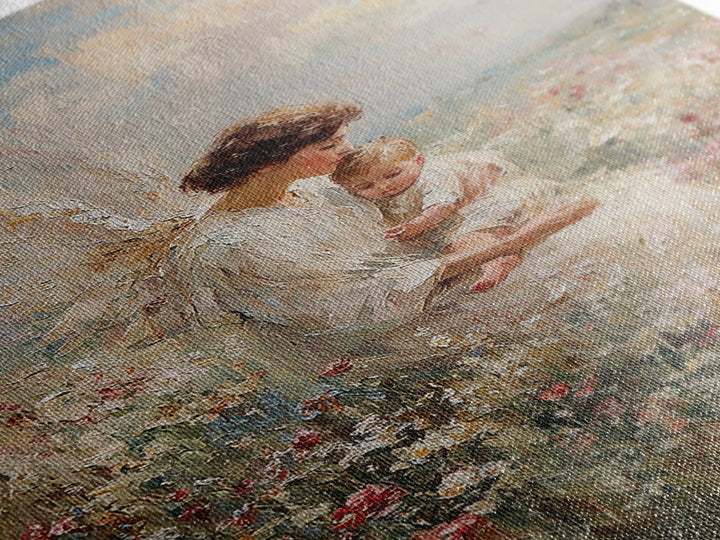 Motherly Angel With Baby In Wildflowers Wall Art, Christian Nursery Decor, Guardian Angel Print, Baptism Gift For Mom And Baby