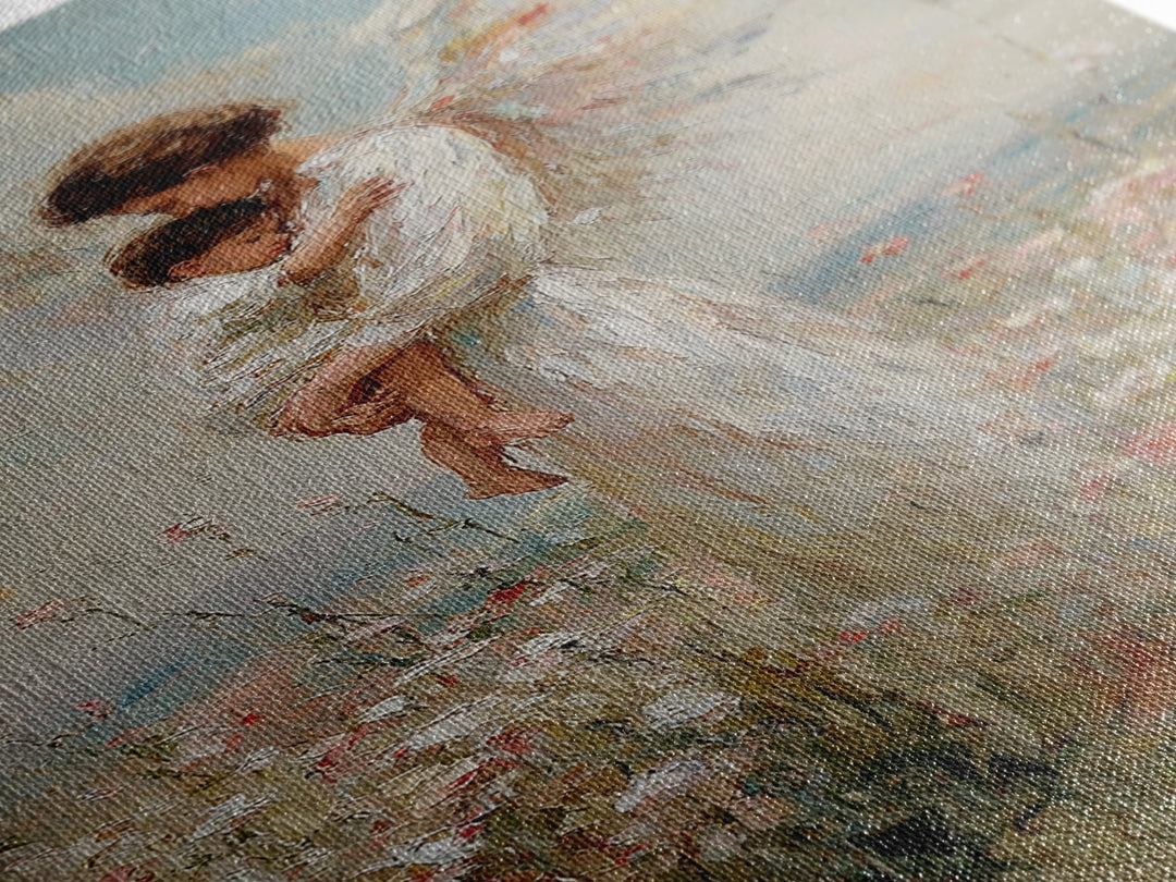 Tender Angel Carrying Child Framed Canvas Print, Christian Wall Art, Nursery Room Decor, Guardian Angel Gift For Baby Girl