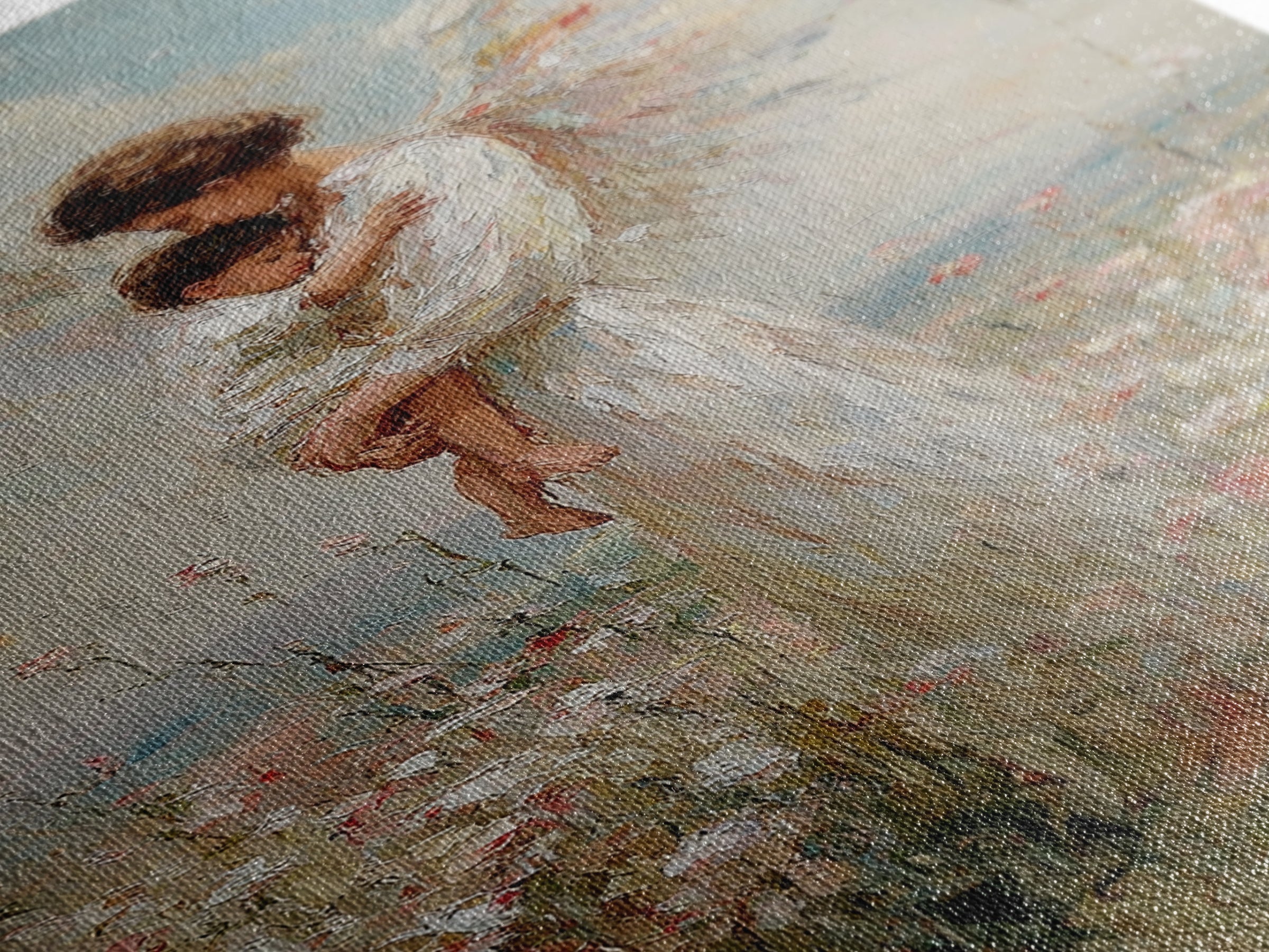Tender Angel Carrying Child Framed Canvas Print, Christian Wall Art, Nursery Room Decor, Guardian Angel Gift For Baby Girl