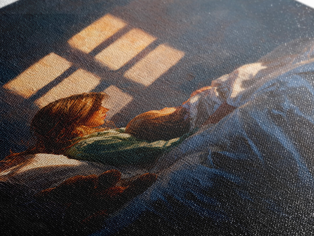Mother Reading To Child In Bed, Warm Window Light Wall Art, Moody Bedroom Decor, Nursery Art Print, Gift For Mom, Cozy Home Decor