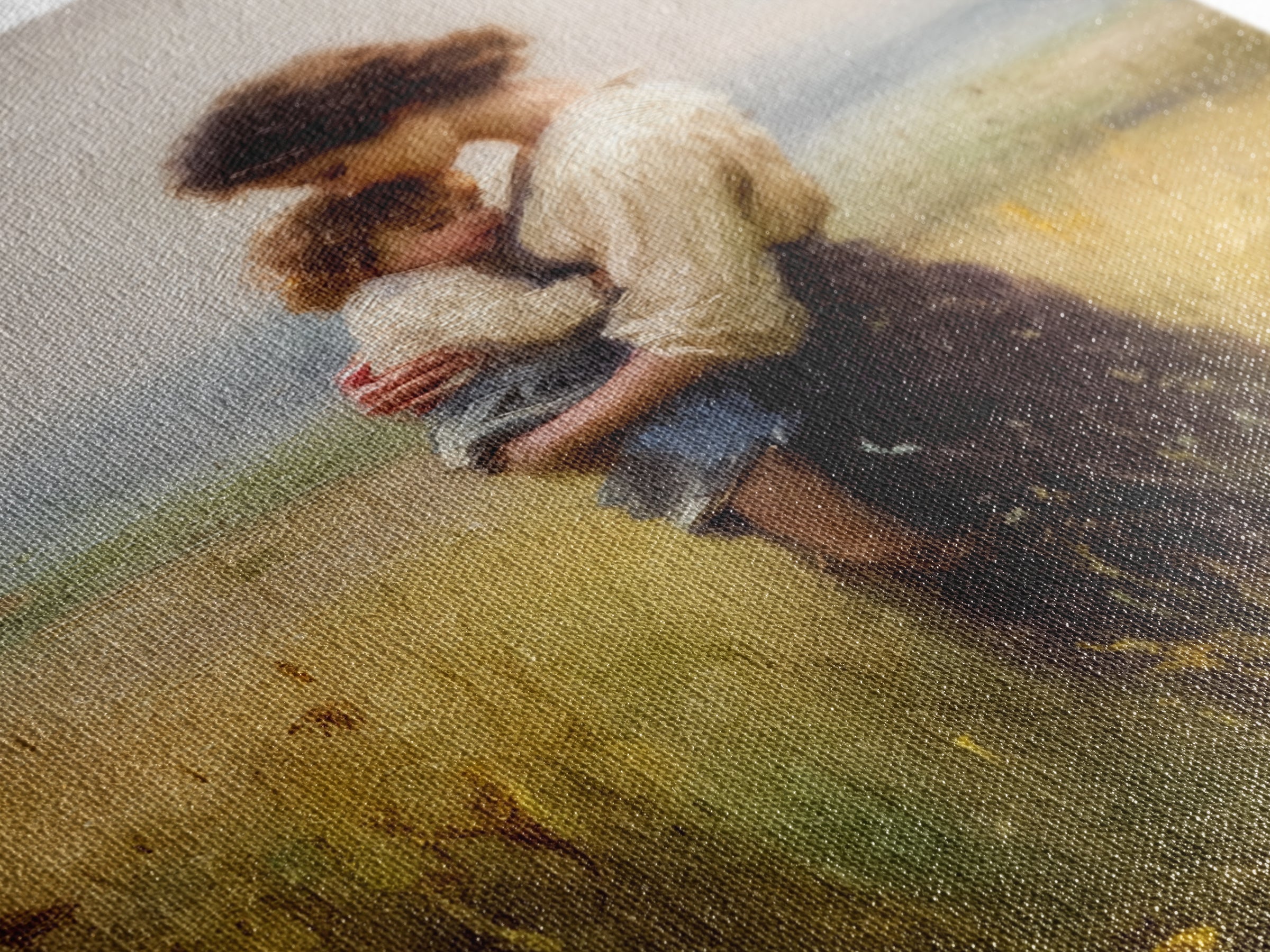 Tender Mother Holding Child In Golden Meadow Canvas Print, Soft Impressionist Oil Painting, Neutral Nursery Wall Art Gift