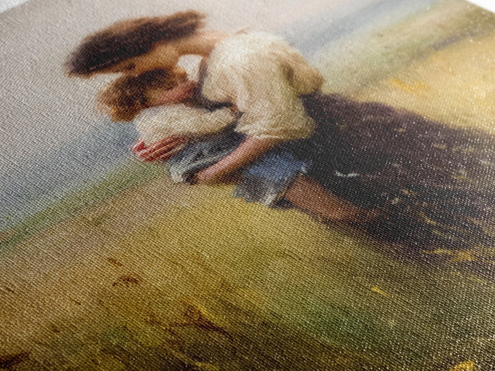 Tender Mother Holding Child In Golden Meadow Canvas Print, Soft Impressionist Oil Painting, Neutral Nursery Wall Art Gift