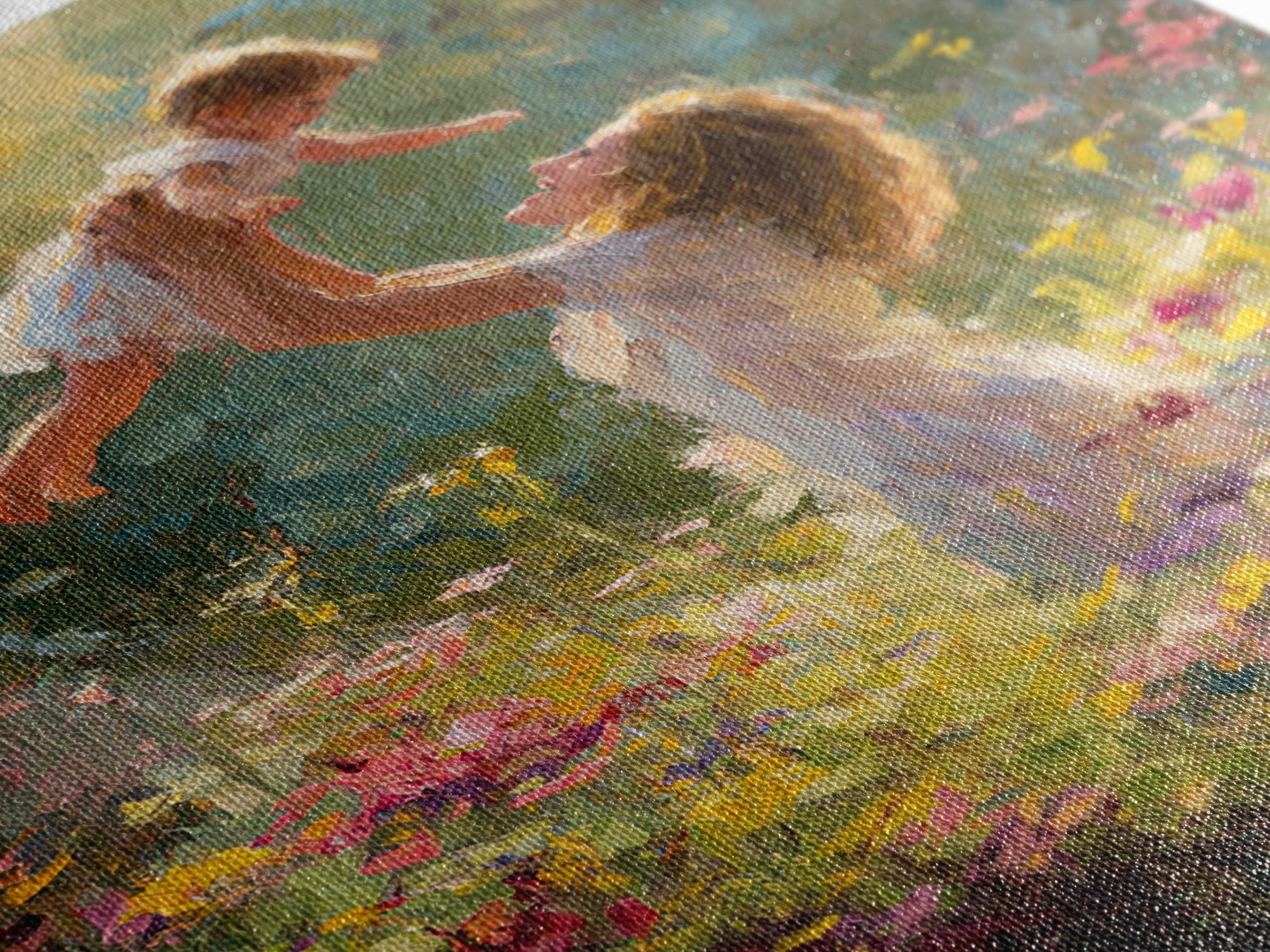 Sunlit Mother And Baby In Flower Garden Canvas Print, Impressionist Oil Painting, Colorful Nursery Wall Art Gift For Mom
