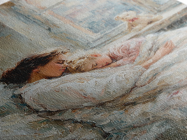 Tender Mother And Child Sleeping By Window Wall Art, Soft Nursery Decor, Mothers Day Gift, Bedroom Art Print, New Mom Gift