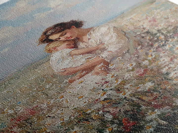 Romantic Mother And Baby In Wildflower Field Canvas Print, Floral Wall Art, Nursery Decor, Mothers Day Gift, New Mom Gift