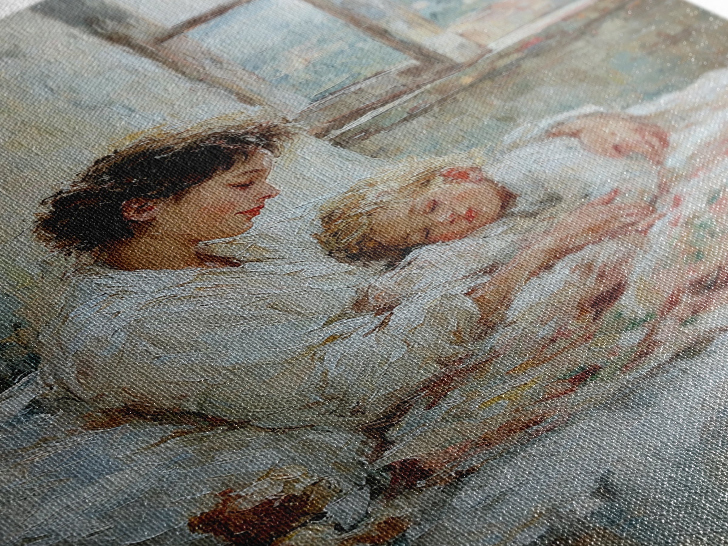 Mother And Sleeping Child By Window Framed Canvas Print, Cozy Bedroom Wall Art, New Mom Gift, Nursery Room Decor, Soft Neutral Home Decor
