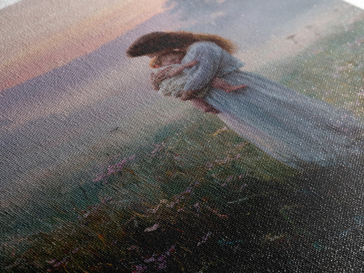 Mother And Baby In Misty Sunrise Meadow Wall Art, Romantic Landscape Oil Painting, New Mom Gift, Feminine Bedroom And Nursery Decor