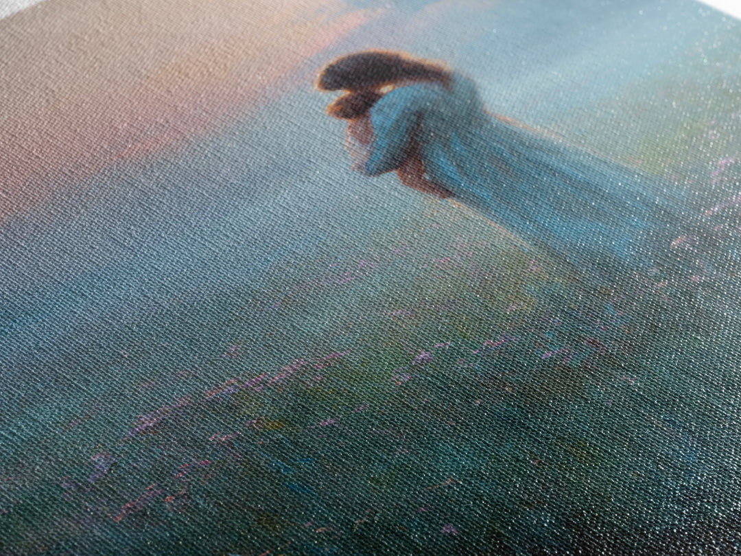 Mother Holding Baby In Foggy Pastel Meadow Canvas Print, Calming Landscape Wall Art, New Mom Gift, Nursery Decor, Soft Bedroom Wall Decor