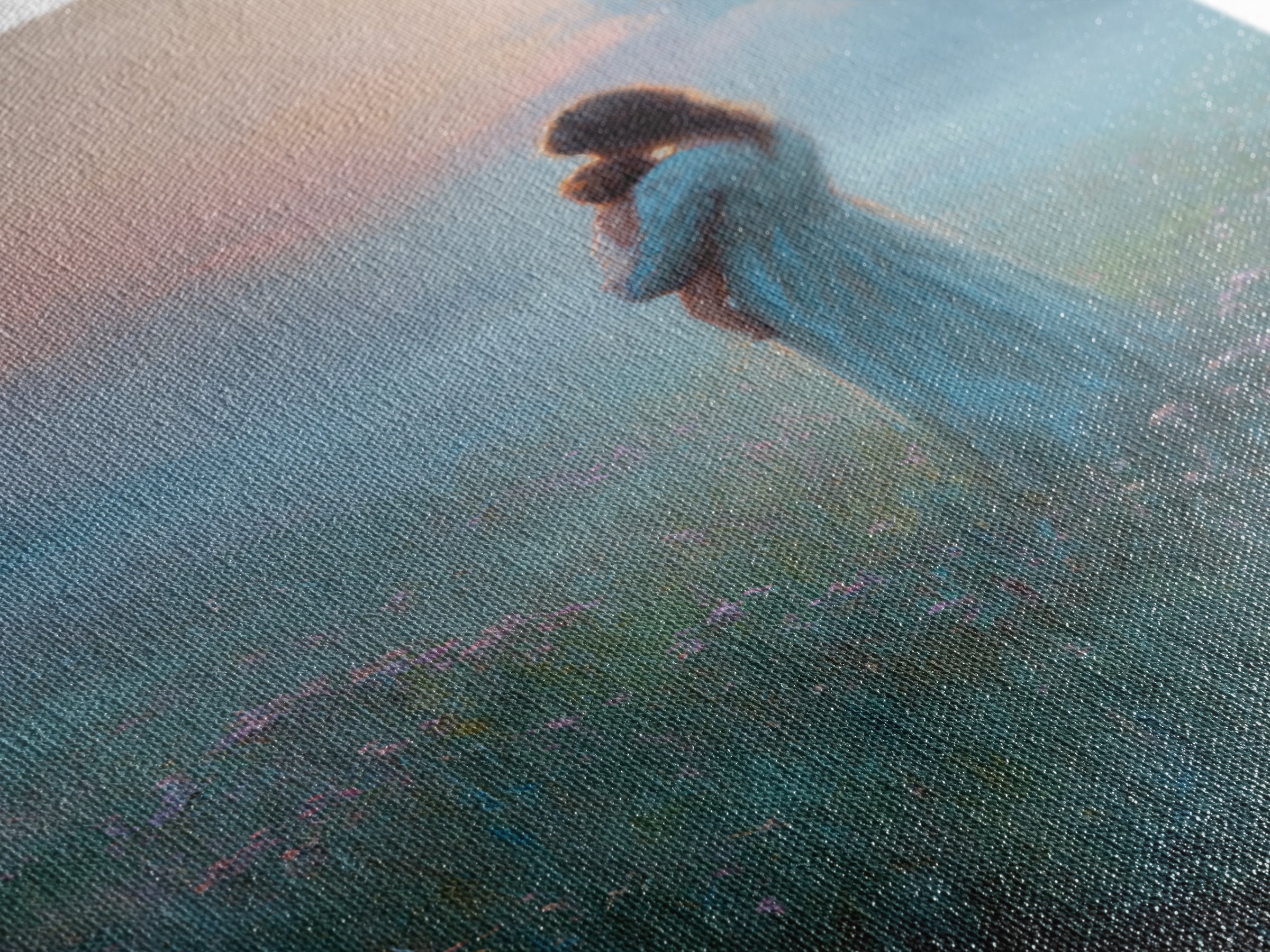 Mother Holding Baby In Foggy Pastel Meadow Canvas Print, Calming Landscape Wall Art, New Mom Gift, Nursery Decor, Soft Bedroom Wall Decor