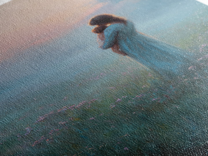 Mother Holding Baby In Foggy Pastel Meadow Canvas Print, Calming Landscape Wall Art, New Mom Gift, Nursery Decor, Soft Bedroom Wall Decor