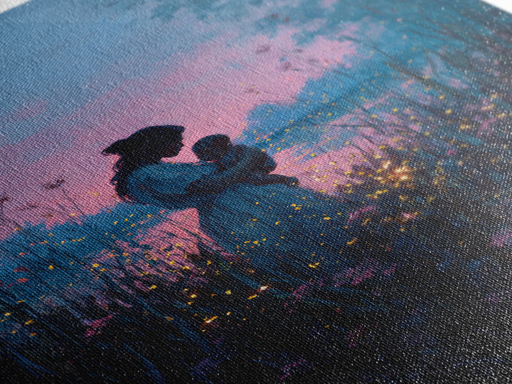 Blue Dusk Mother And Child By Lake Wall Art, Firefly Meadow Painting, Celestial Nursery Decor, Spiritual Gift For Mom, Art Print