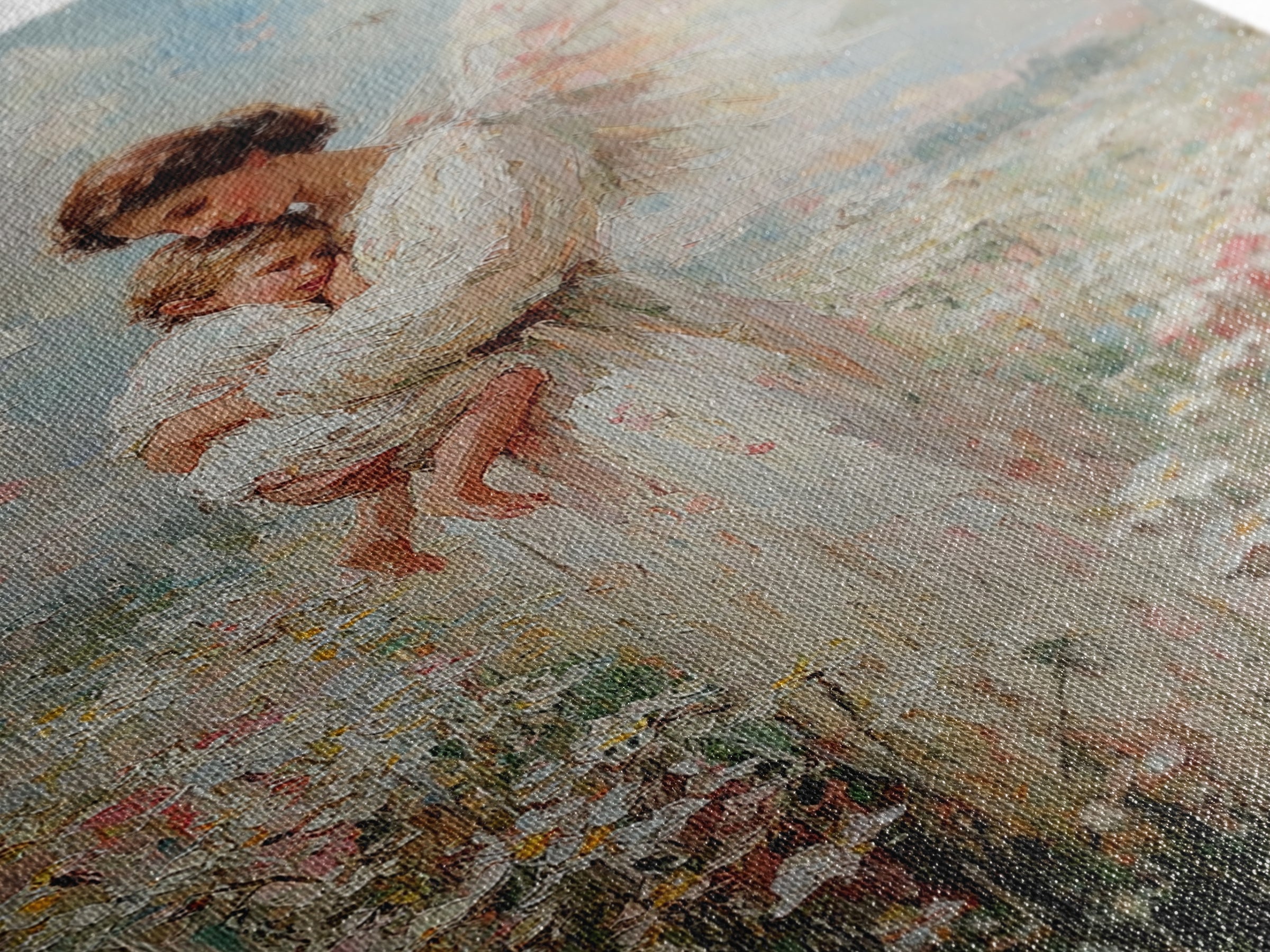 Textured Angel Mother Holding Baby In Wildflower Field Wall Art, Impressionist Canvas Print, Christian Nursery Decor, Gift For Mom