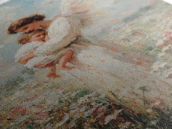 Textured Angel Mother Holding Baby In Wildflower Field Wall Art, Impressionist Canvas Print, Christian Nursery Decor, Gift For Mom