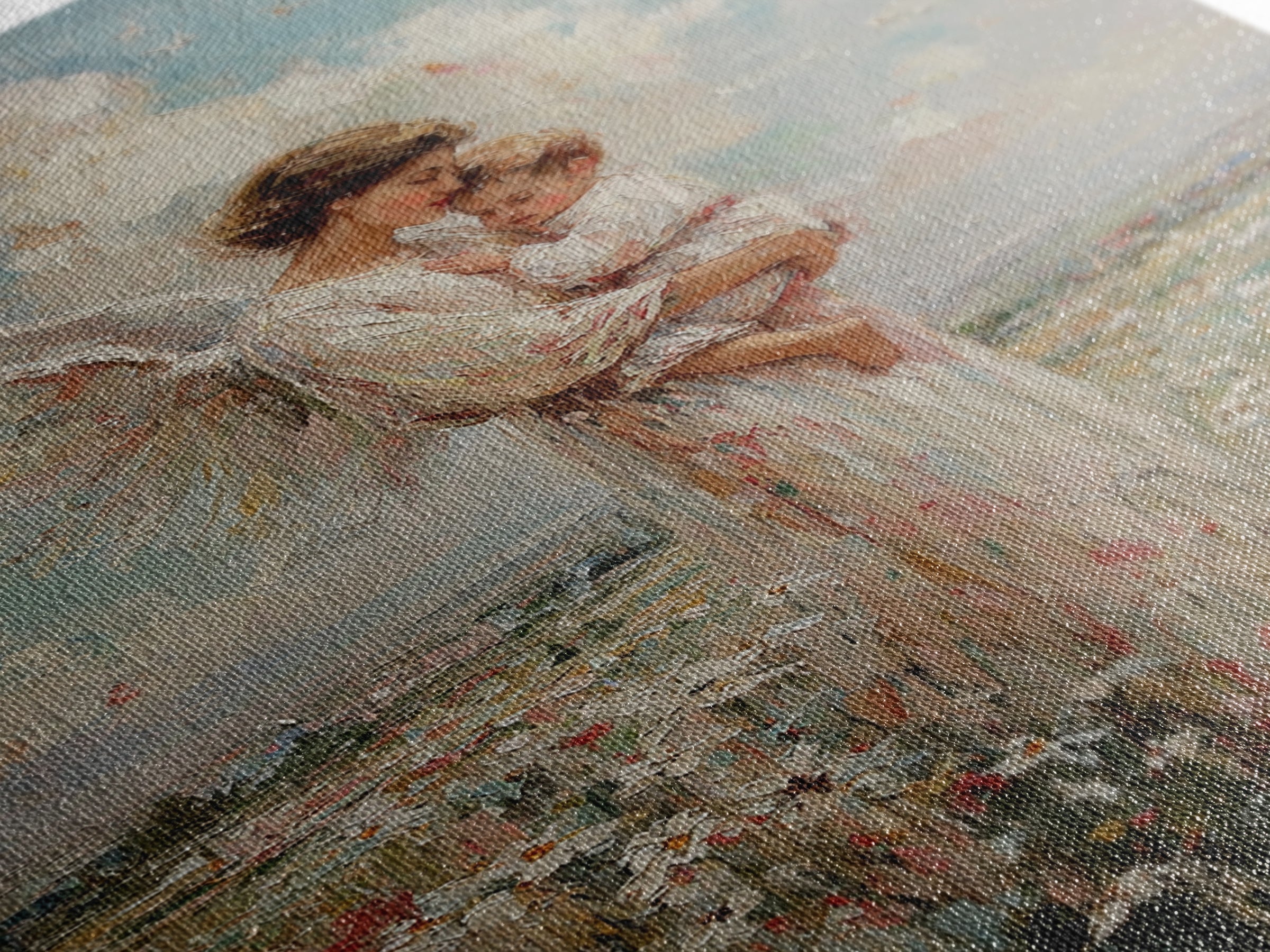 Angel Mother And Baby In Wildflower Meadow Wall Art, Christian Nursery Decor, Motherhood Gift, Fine Art Print, Serene Home Decor