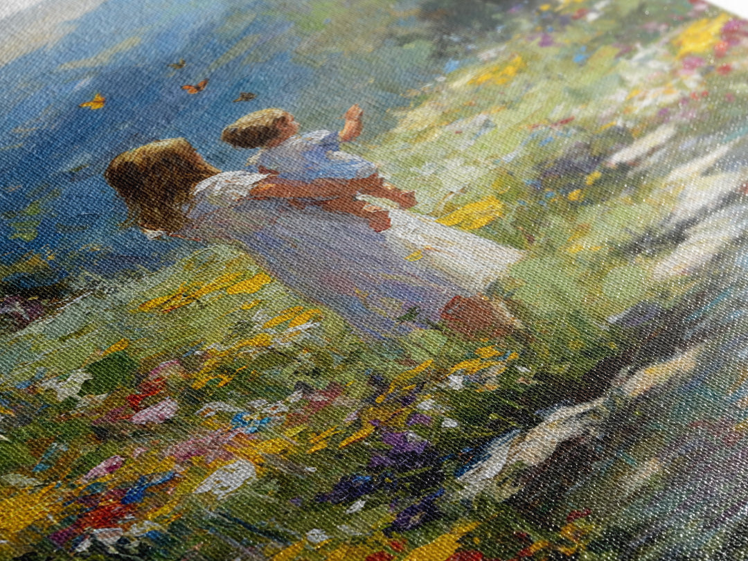 Mother And Child By Mountain Stream Wall Art, Wildflower Landscape Painting, Nature Wall Art, Nursery Decor, Housewarming Gift