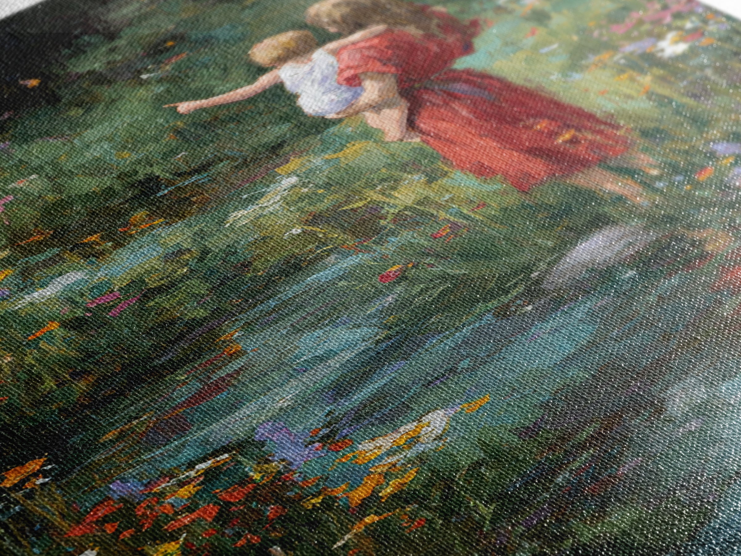 Mother In Red Dress With Child By Garden Stream Wall Art, Moody Floral Art, Nature Wall Decor, Gift For Her, Fine Art Print