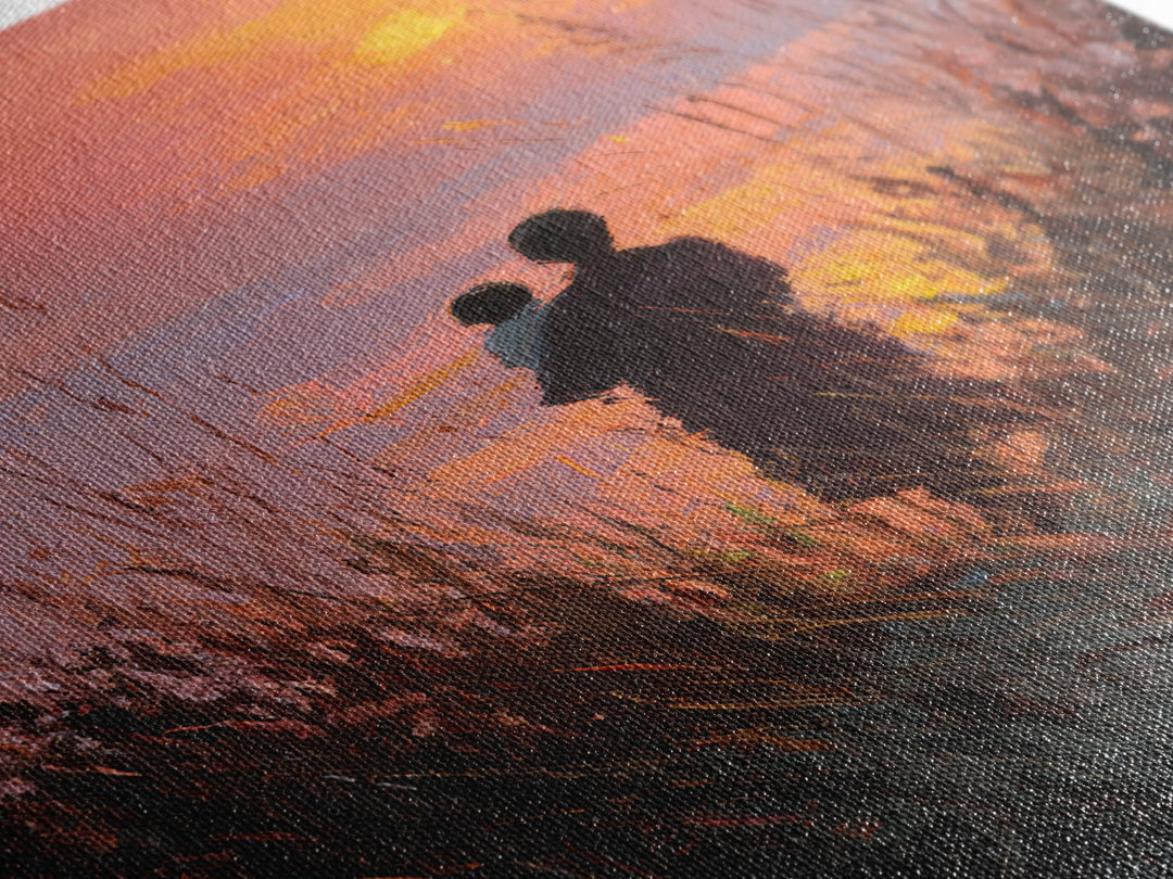 Silhouette Mother And Baby At Orange Sunset Canvas Print, Coastal Wall Art, Romantic Bedroom Decor, Gift For Mom, Sunset Art