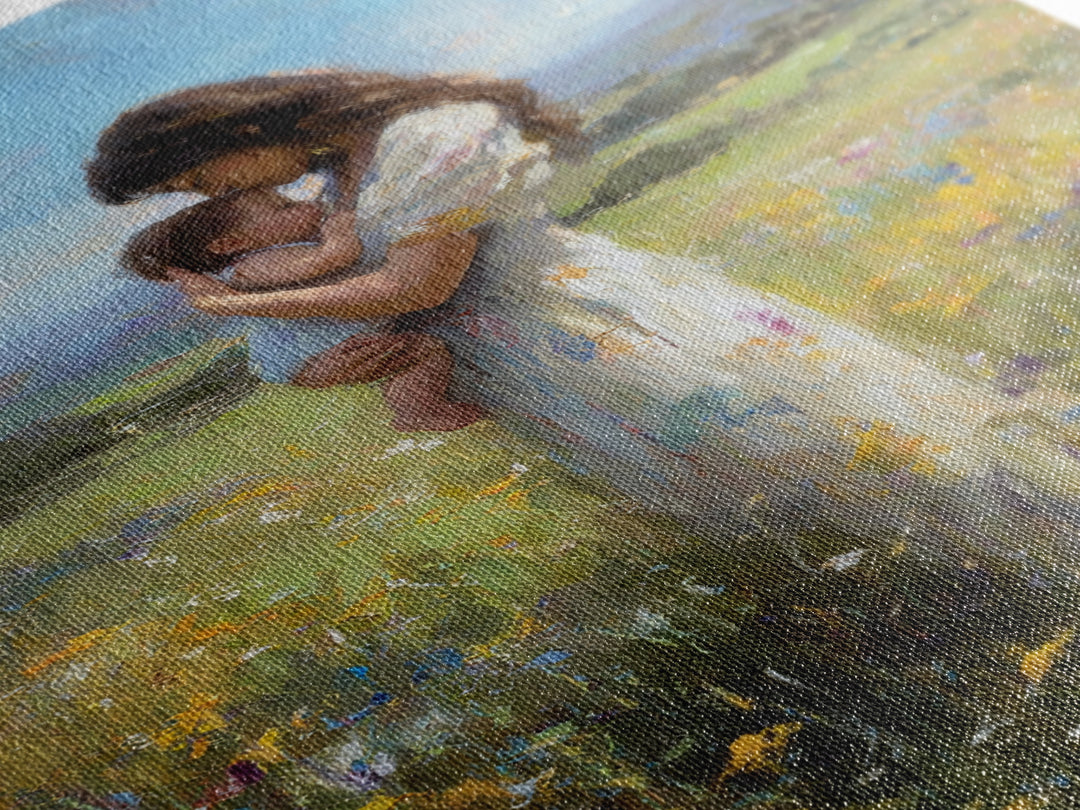 Mother And Baby In Rolling Hills Meadow Canvas Print, Impressionist Landscape Wall Art, Floral Nursery Decor, Gift For Mom